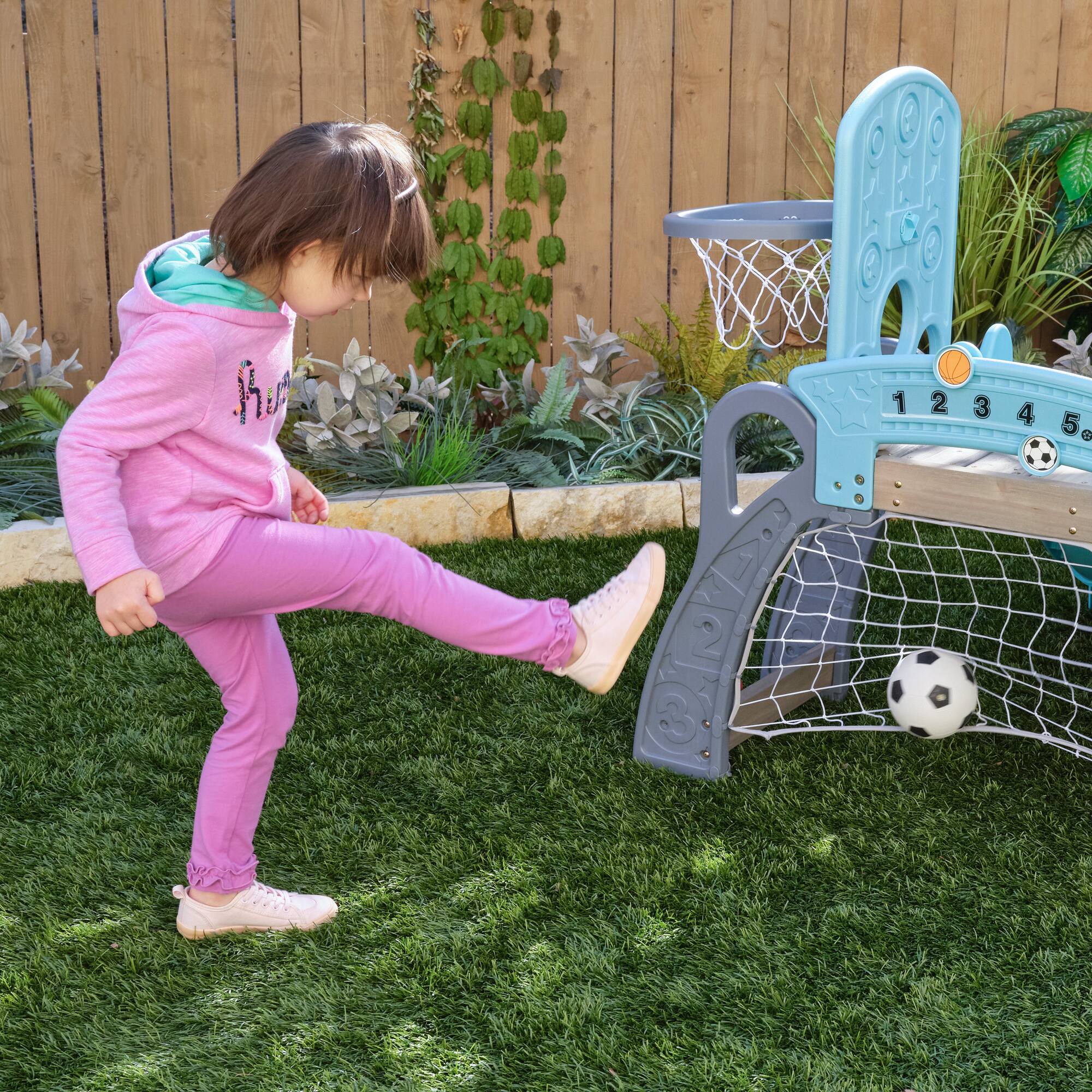 KidKraft 5-in-1 Toddler Sports Climber with Slide, Soccer Goal, Basketball Hoop, Baseball Target & 3 Balls Set